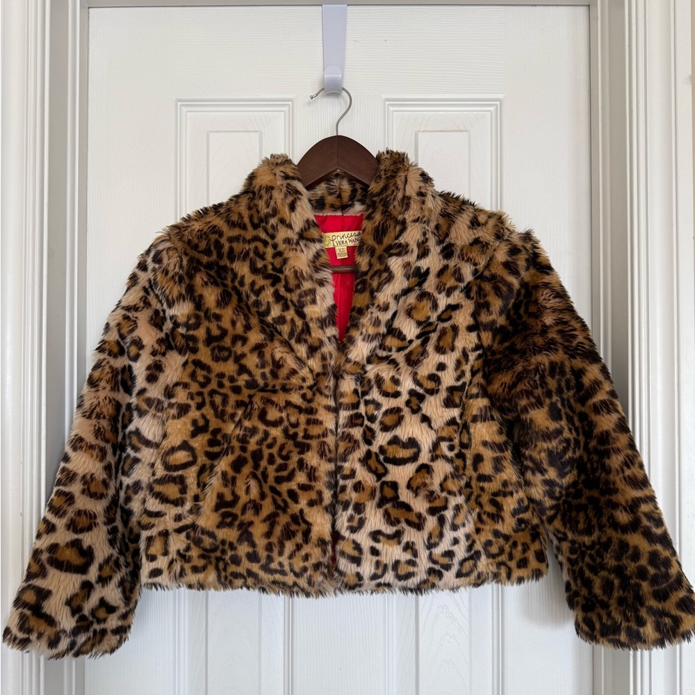 princess vera wang Girls Faux Fur Leopard Print Jacket - Brown & Black